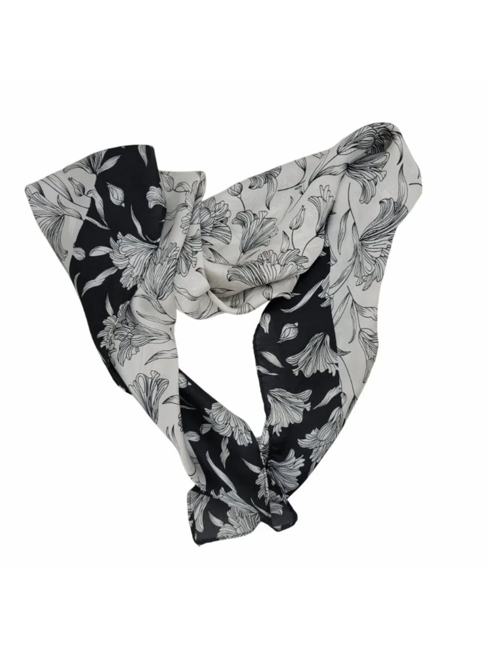 ✨Elegant Bandana Square Scarf Silky Satin Soft BLACK WHITE Floral Garden hijab